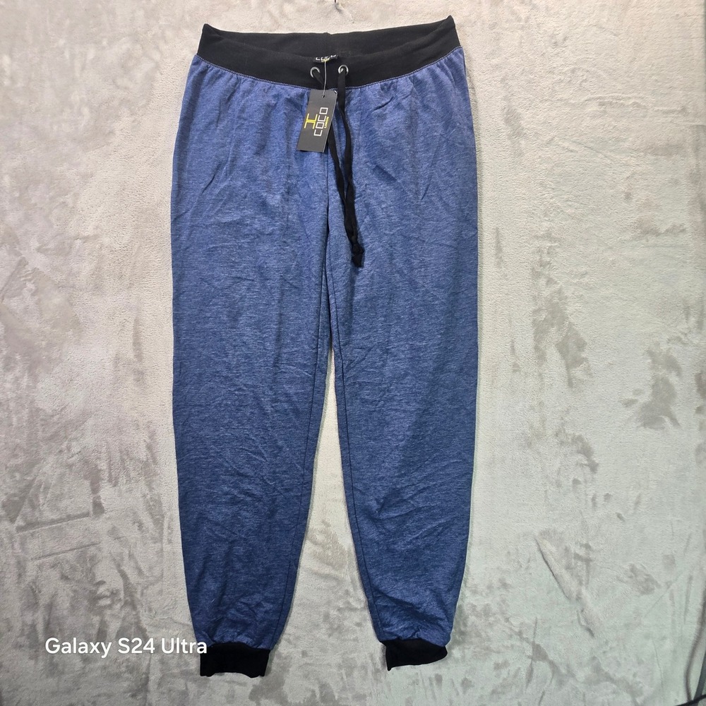 Coco Heather Blue Joggers Black Contrast Waistband Drawstring Sweatpants NEW